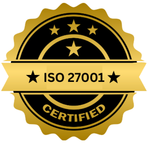 A gold and black badge with stars and the text ISO 27001 CERTIFIED on a ribbon, indicating certification for the ISO 27001 information security standard.