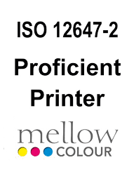 ISO 12647-2 Proficient Printer certification text above the Mellow Colour logo, with yellow, magenta, cyan, and black dots.
